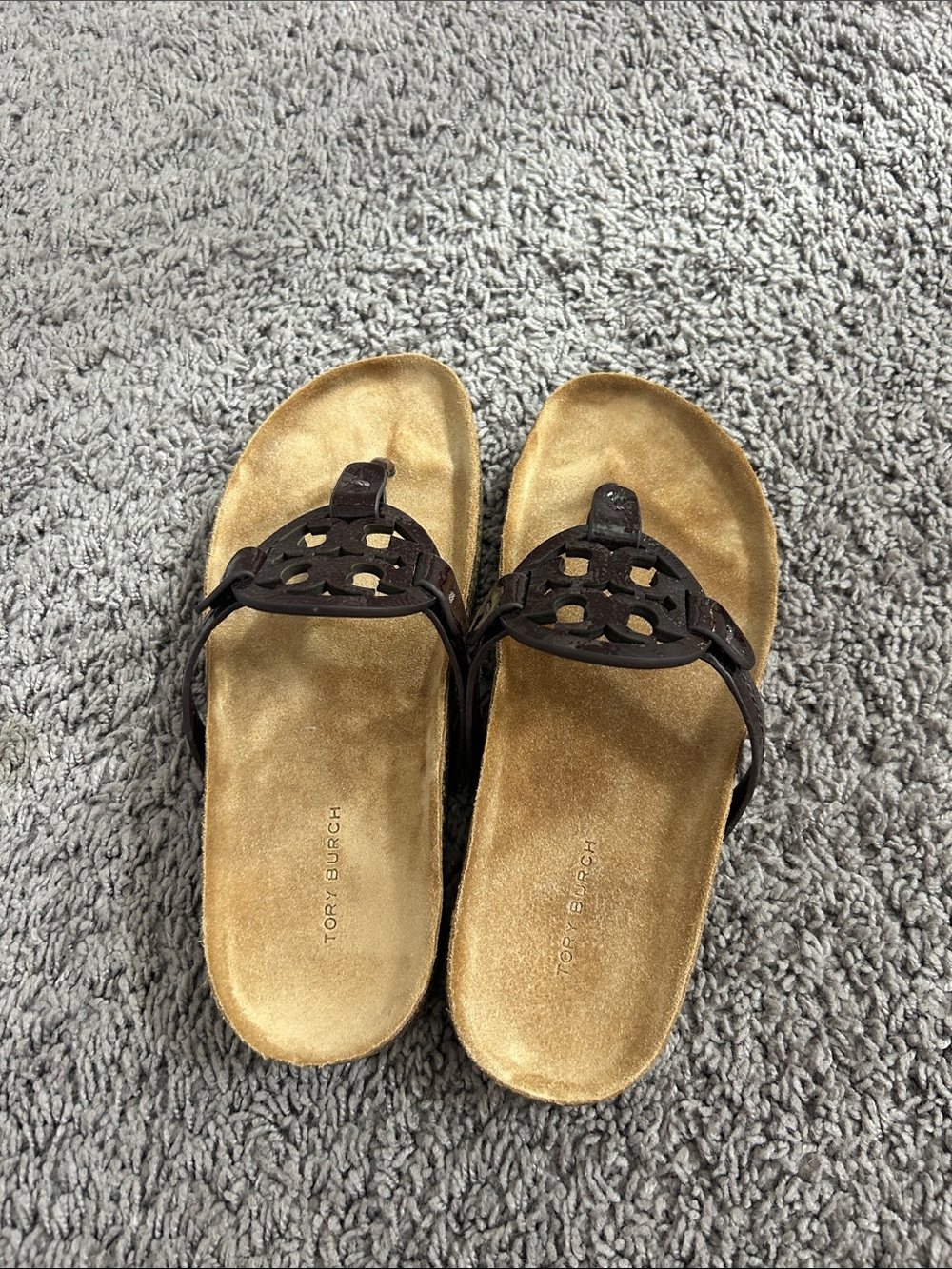 Tory Burch Dark Brown Logo Cutout Slide Sandals